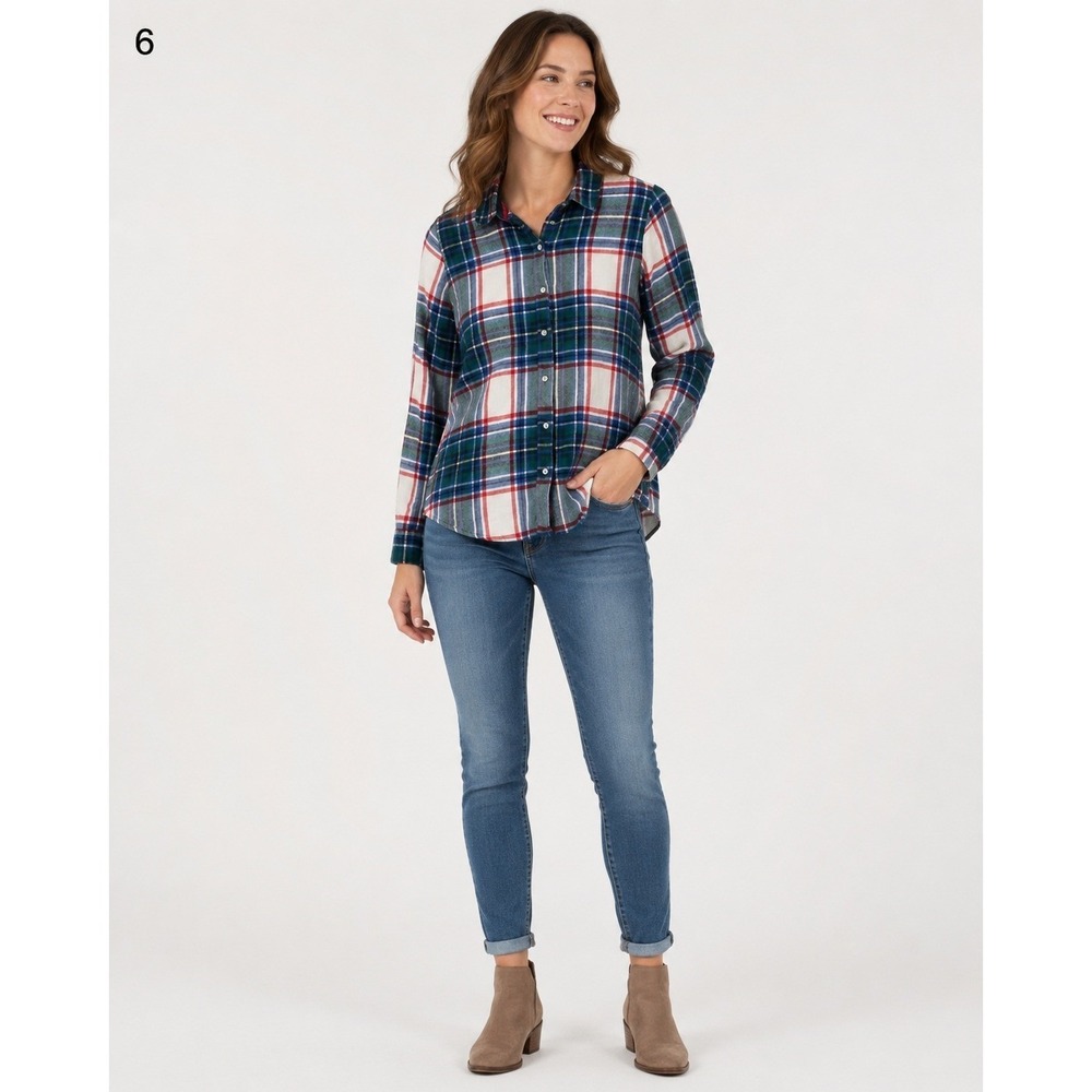 Aerie Button Front Flannel Shirt Womens Small White Blue Red Plaid Soft
